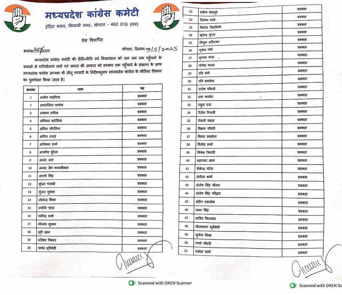 MP News: कांग्रेस की मीडिया विभाग में हुआ बदलाव, 53 प्रवक्ताओं की लिस्ट जारी की 1 congress list