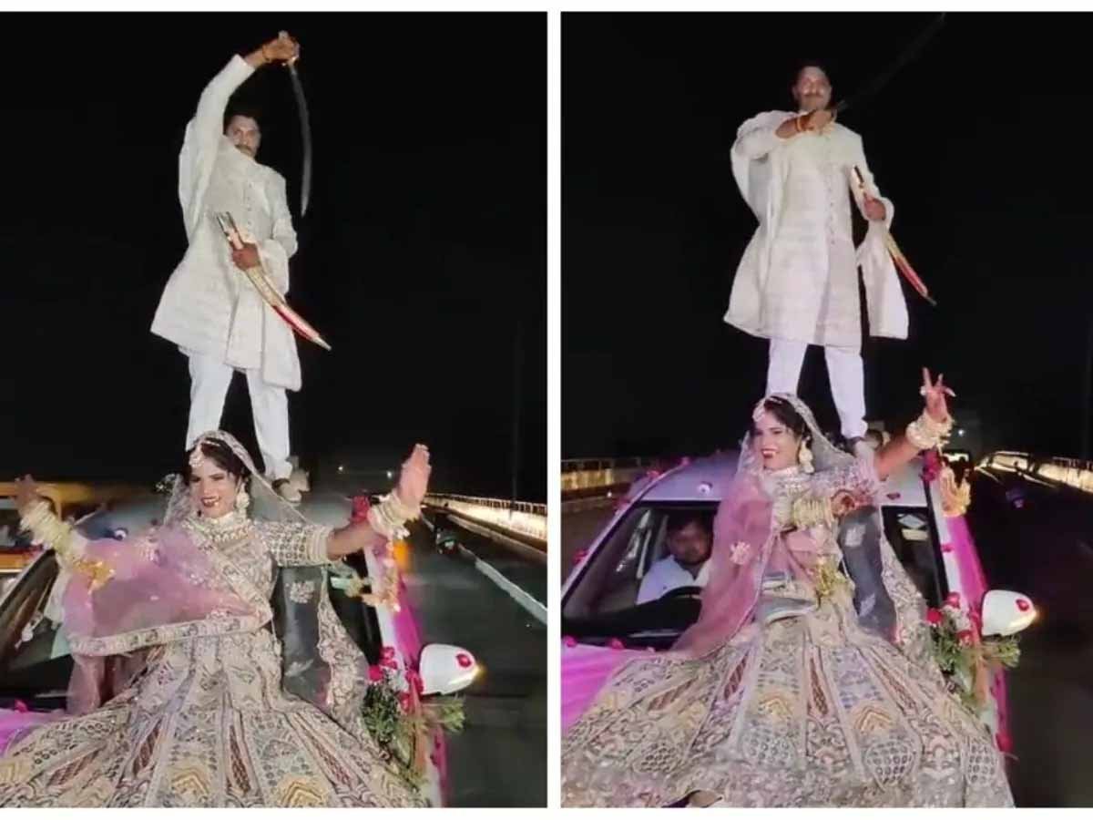 Viral Video: दूल्हा-दुल्हन कर रहे थें कार पर स्टन्ट, ट्रैफिक नियमों की उड़ाईं धज्जियां 1 dulha dulhan in gwalior viral video stunt